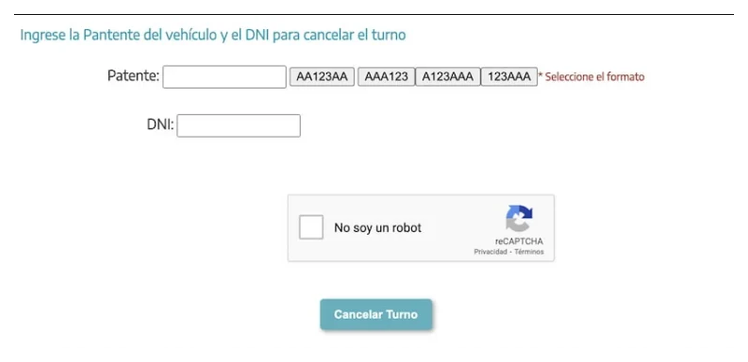 Pantalla para cancelar el turno de la VTV en San Nicolas con patente y DNI